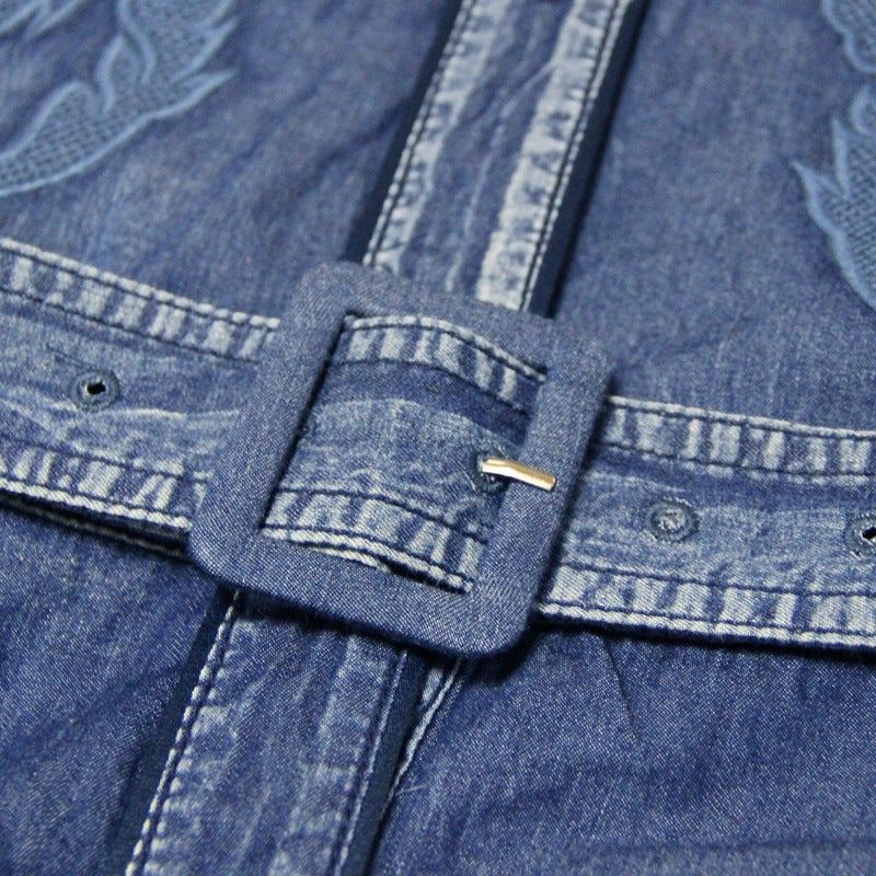 Vår Höst Retro Blommig Broderi A-line Denim Klänning