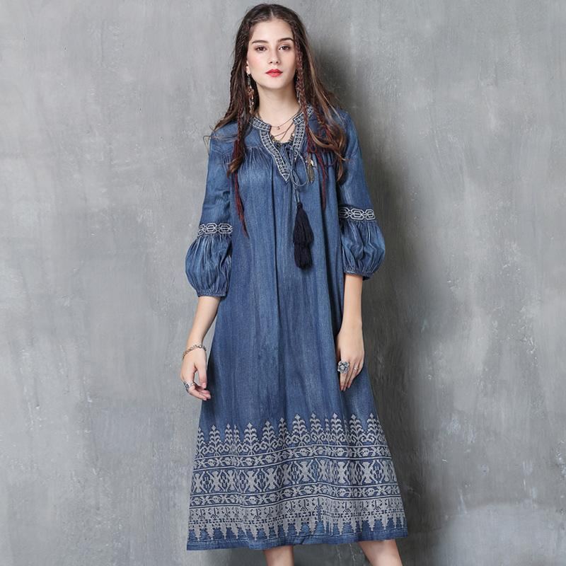 Vintage Lantern Sleeve Brodery Denim Dress