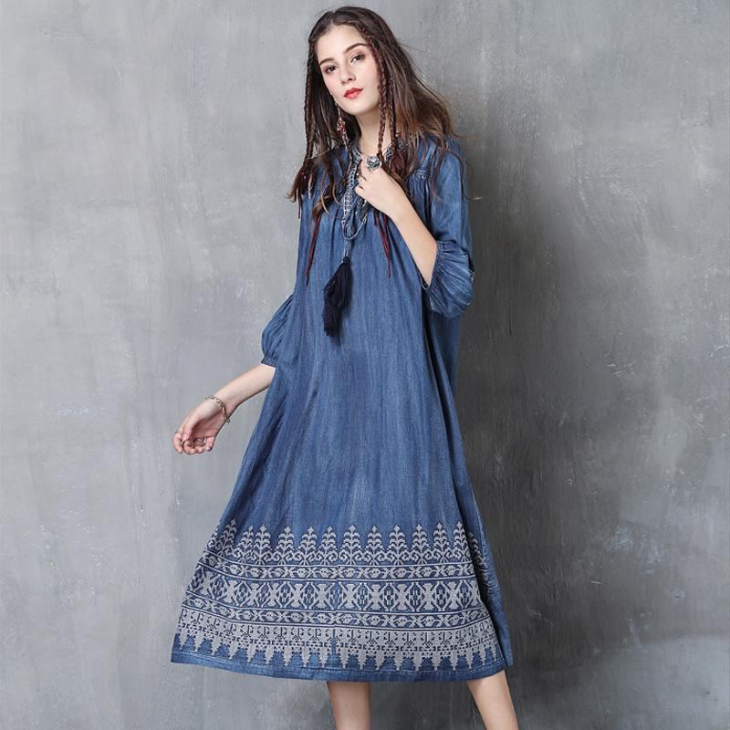 Vintage Lantern Sleeve Brodery Denim Dress