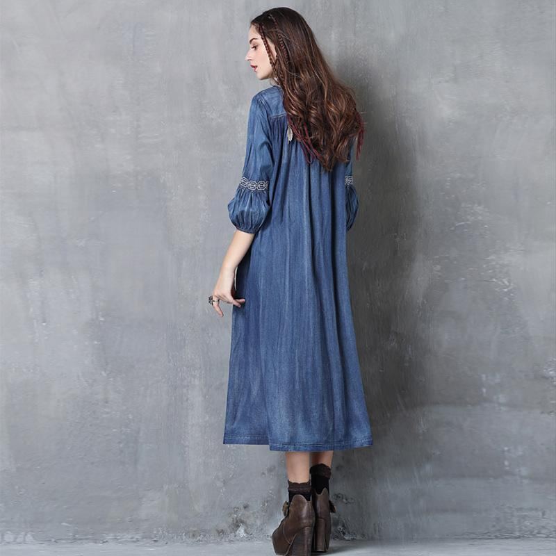 Vintage Lantern Sleeve Brodery Denim Dress