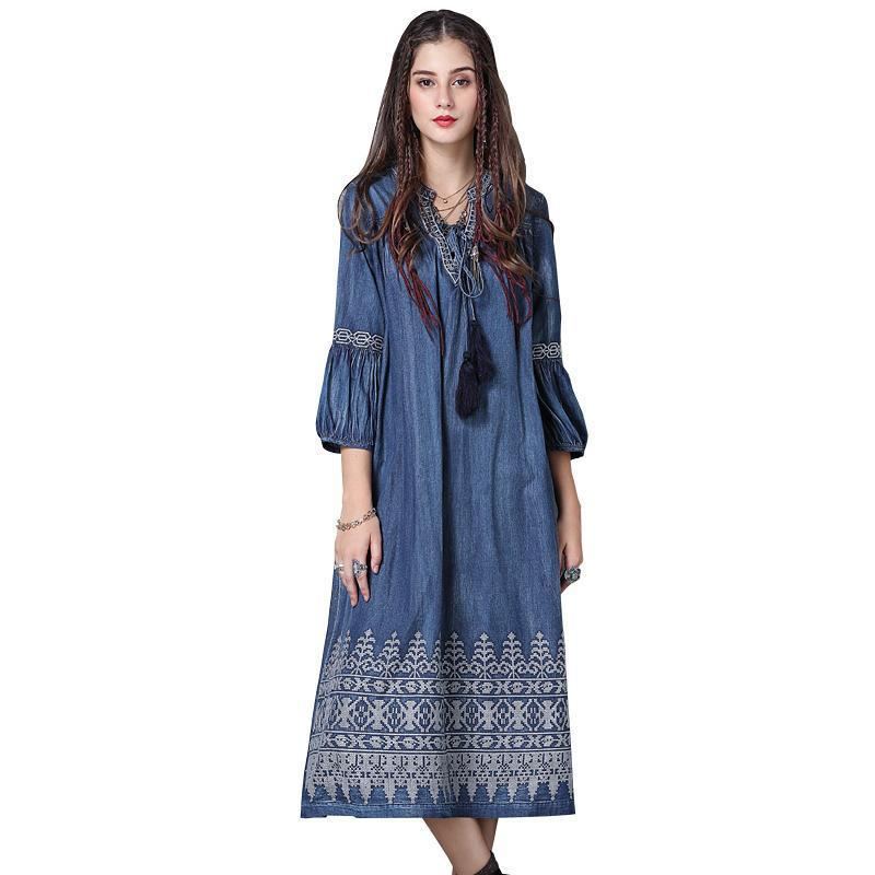 Vintage Lantern Sleeve Brodery Denim Dress