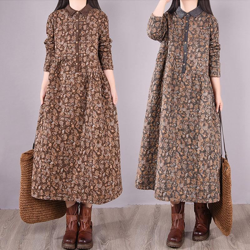 Winter Retro Floral Plus Size Lös Casual Dress