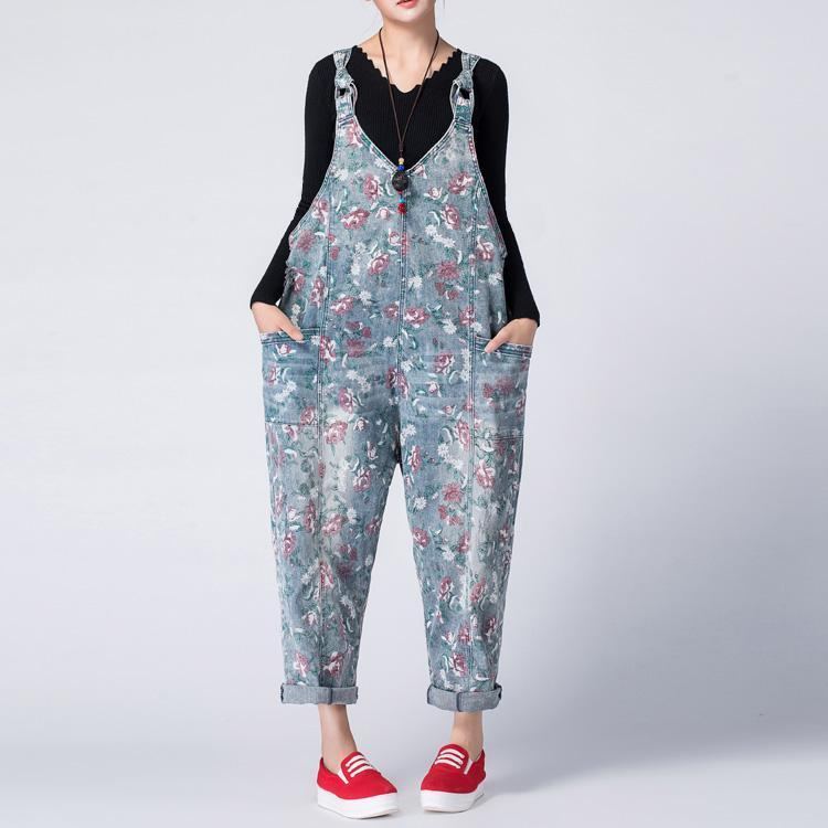 Blommig Denim Lös Casual Jumpsuit