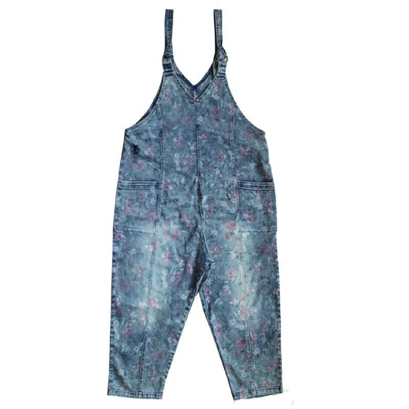 Blommig Denim Lös Casual Jumpsuit