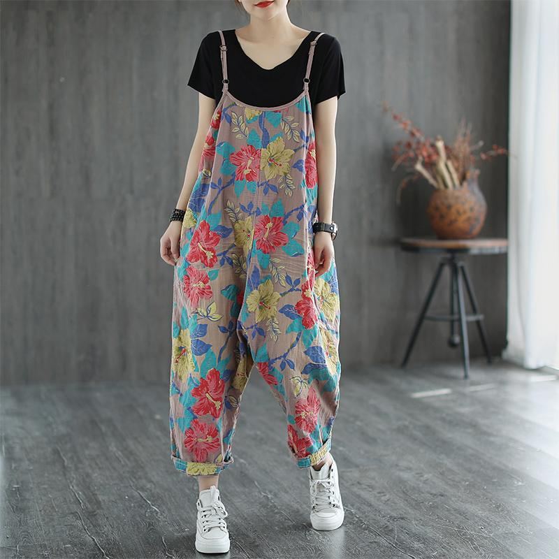 Blommigt Tryckt Casual Linne Lös Retro Jumpsuit