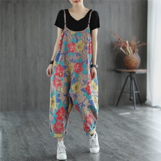 Blommigt Tryckt Casual Linne Lös Retro Jumpsuit