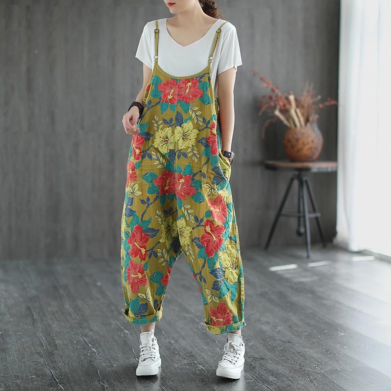 Blommigt Tryckt Casual Linne Lös Retro Jumpsuit