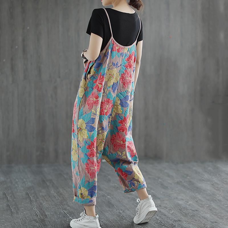 Blommigt Tryckt Casual Linne Lös Retro Jumpsuit