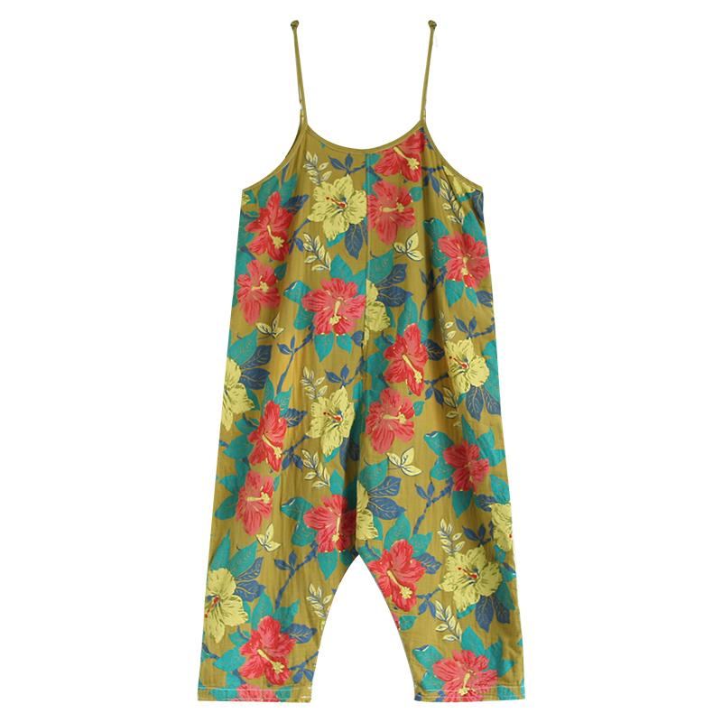 Blommigt Tryckt Casual Linne Lös Retro Jumpsuit