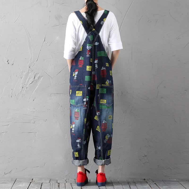 Cartoon Print Retro Denim Jumpsuit