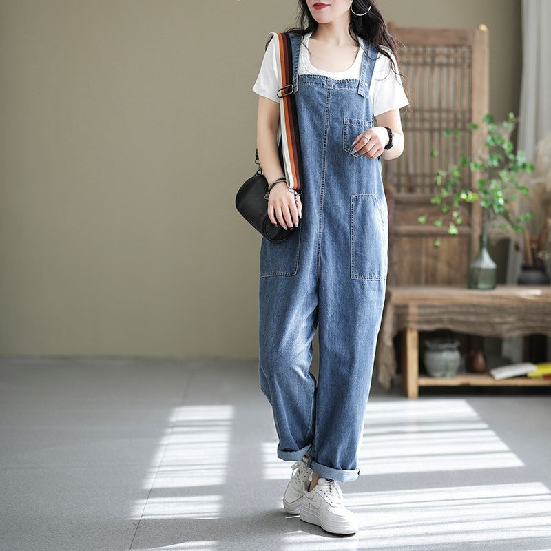 Dam Casual Spring Bomull Denim Lös Jumpsuit