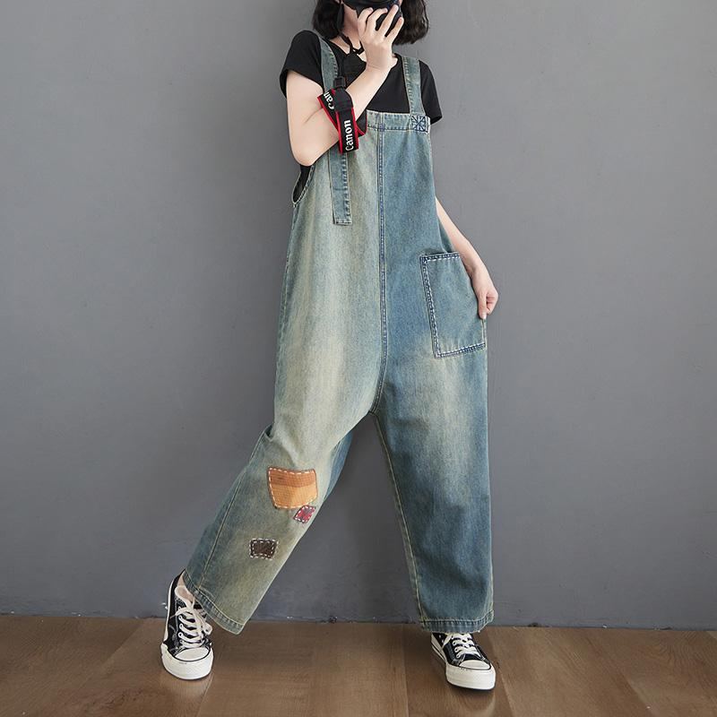 Dam Patch Lös Denim Rak Jumpsuit