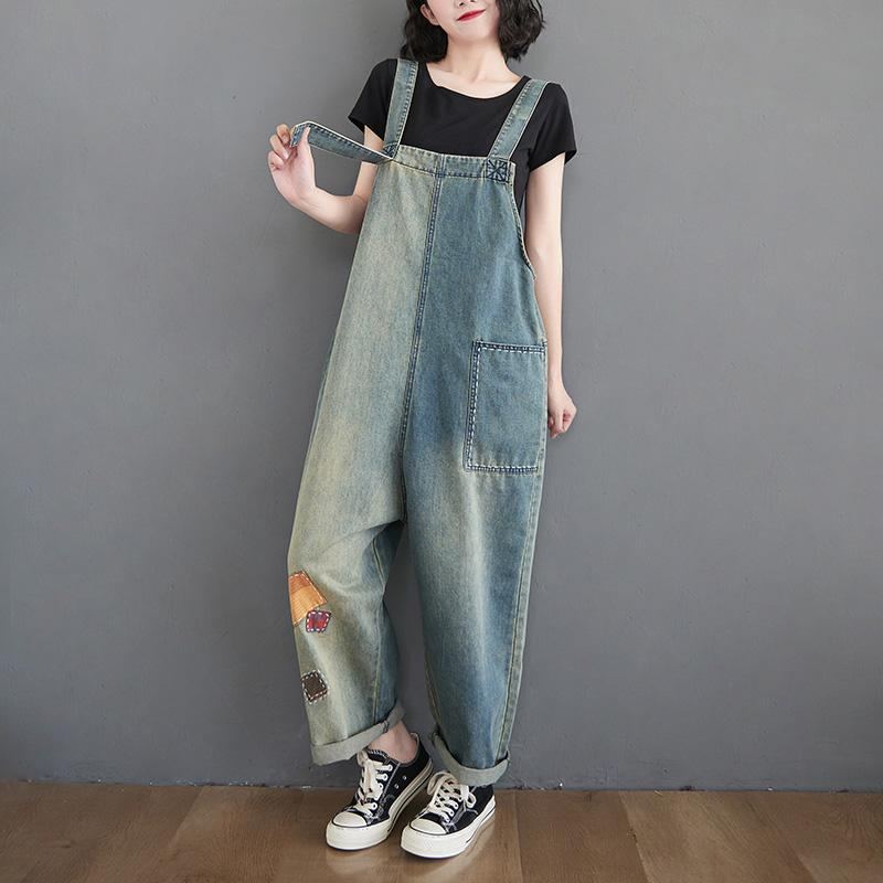 Dam Patch Lös Denim Rak Jumpsuit