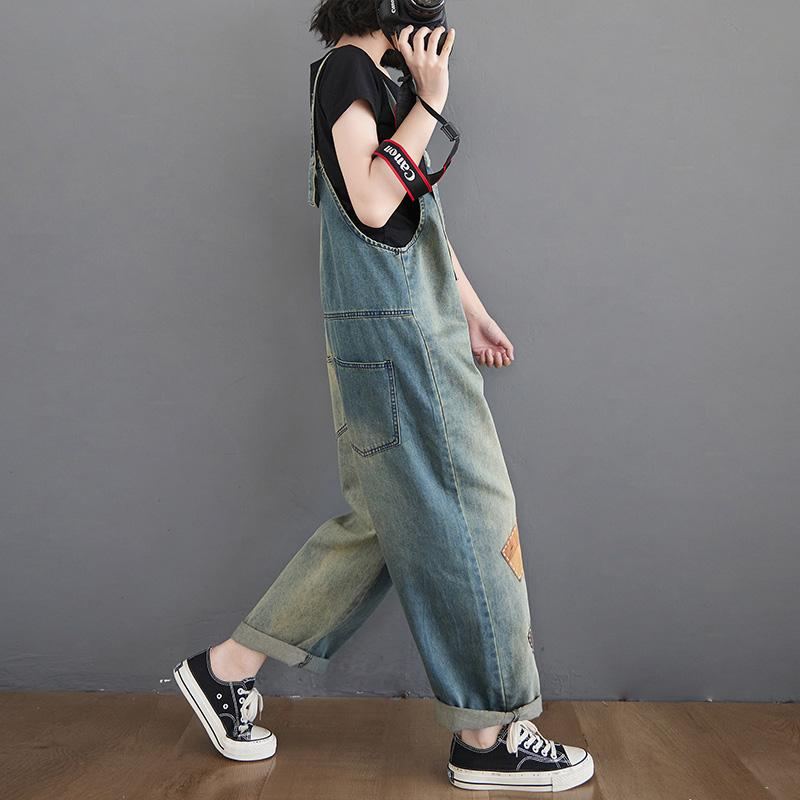 Dam Patch Lös Denim Rak Jumpsuit