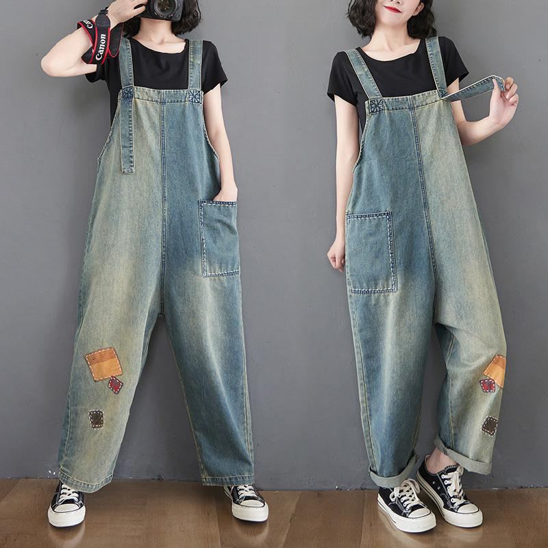 Dam Patch Lös Denim Rak Jumpsuit