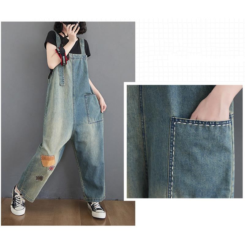 Dam Patch Lös Denim Rak Jumpsuit