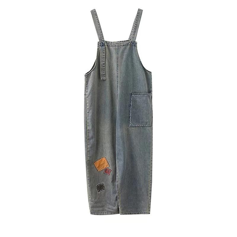 Dam Patch Lös Denim Rak Jumpsuit