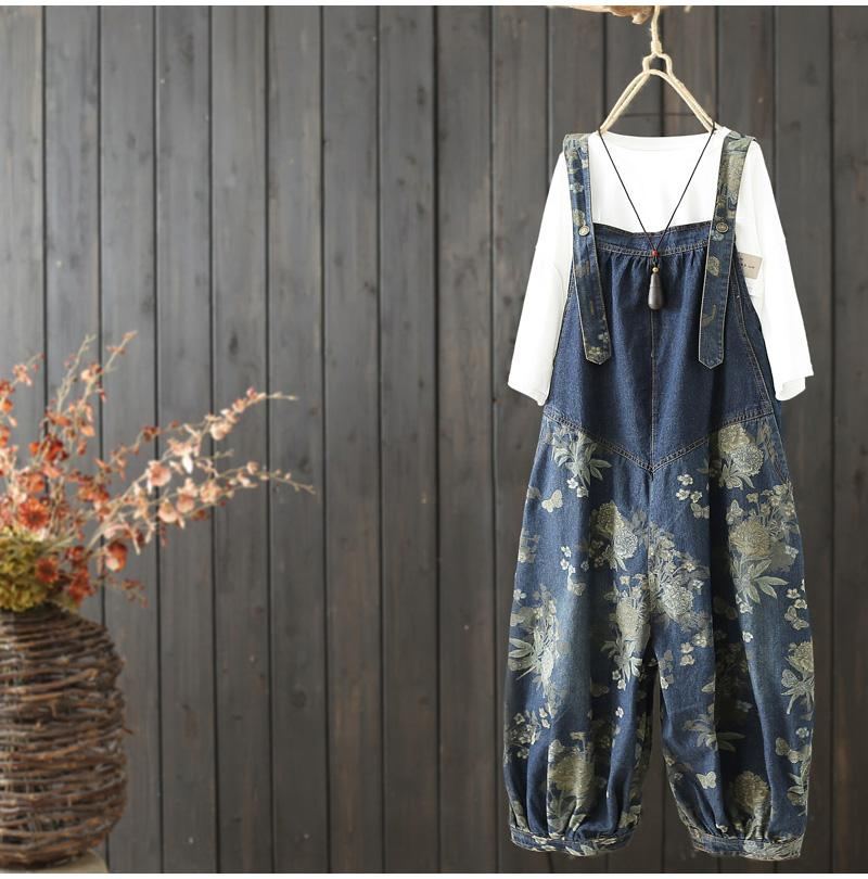 Dam Vintage Loose Print Ankel Denim Jumpsuit