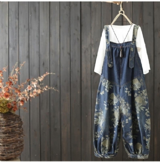 Dam Vintage Loose Print Ankel Denim Jumpsuit