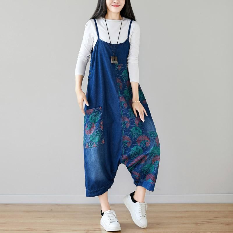 Höst Denim Haklapp Lösthängande Retro Printed Kjol Jumpsuit