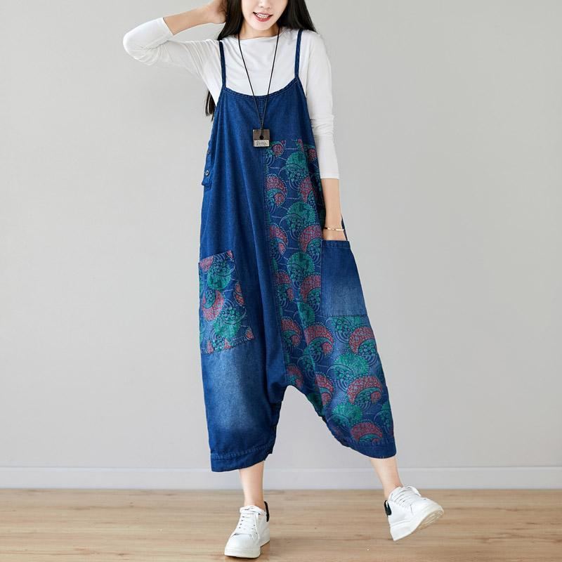 Höst Denim Haklapp Lösthängande Retro Printed Kjol Jumpsuit