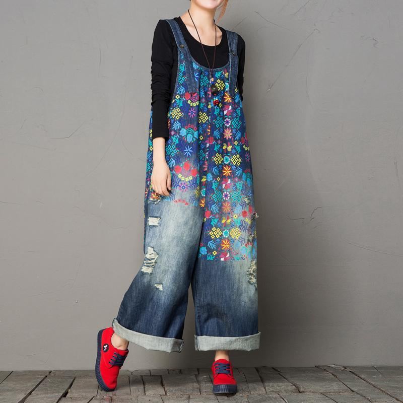 Höst Löstvättade Håltryck Vintage Denim Jumpsuit