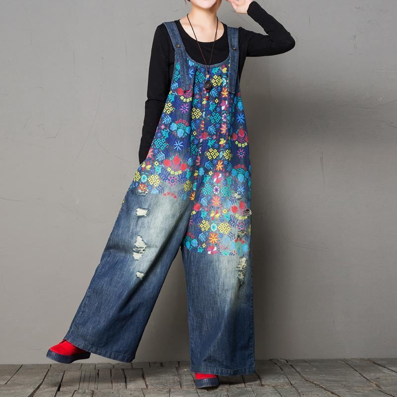 Höst Löstvättade Håltryck Vintage Denim Jumpsuit