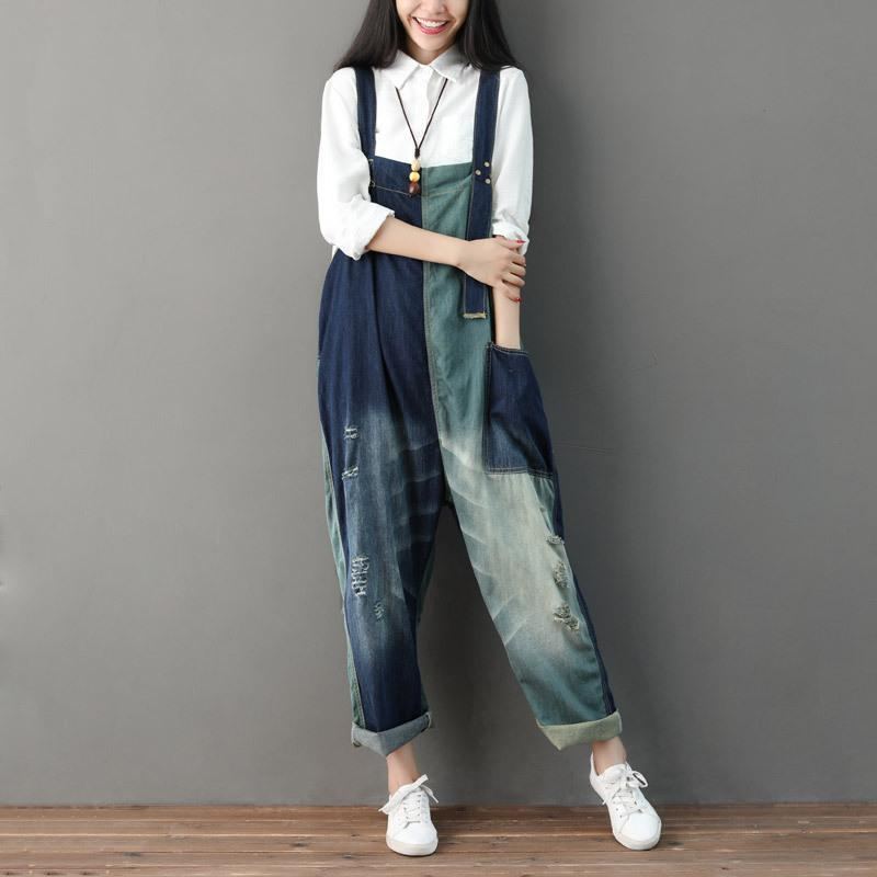 Höst Ripped Patchwork Lös Casual Denim Jumpsuit I Bomull