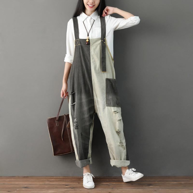 Höst Ripped Patchwork Lös Casual Denim Jumpsuit I Bomull