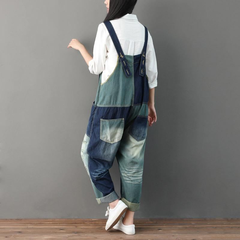 Höst Ripped Patchwork Lös Casual Denim Jumpsuit I Bomull