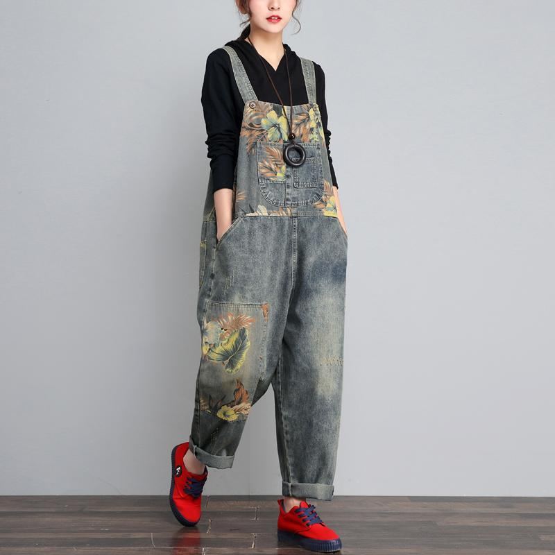 Höst Vinter Denim Lös Retro Printing Tunn Jumpsuit