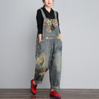 Höst Vinter Denim Lös Retro Printing Tunn Jumpsuit