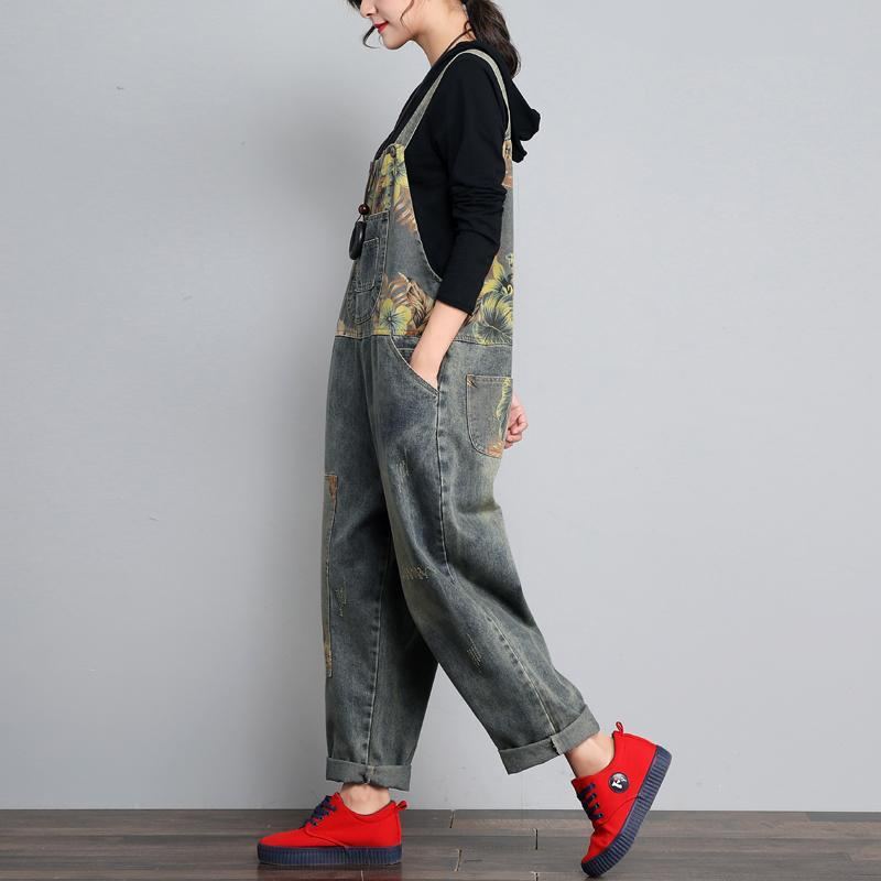 Höst Vinter Denim Lös Retro Printing Tunn Jumpsuit