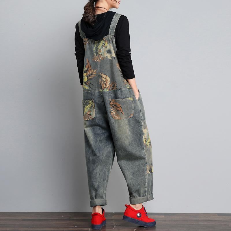 Höst Vinter Denim Lös Retro Printing Tunn Jumpsuit