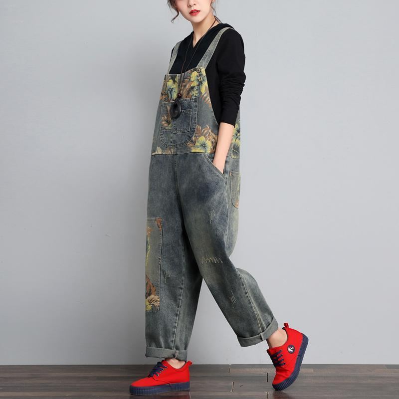 Höst Vinter Denim Lös Retro Printing Tunn Jumpsuit