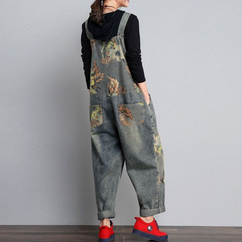 Höst Vinter Denim Lös Retro Printing Tunn Jumpsuit