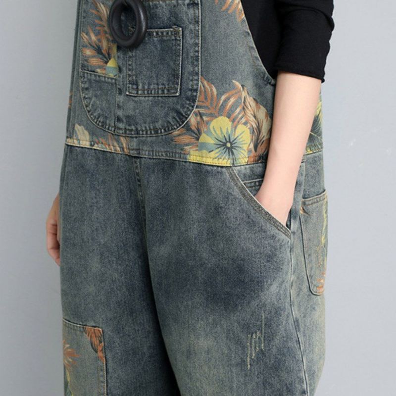 Höst Vinter Denim Lös Retro Printing Tunn Jumpsuit