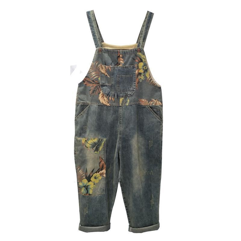 Höst Vinter Denim Lös Retro Printing Tunn Jumpsuit