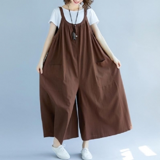 Kvinnor Sommar Solid Samlade Fickor Casual Lösa Jumpsuits