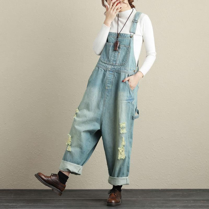 Loose Holes Denim Jumpsuits För Kvinnor