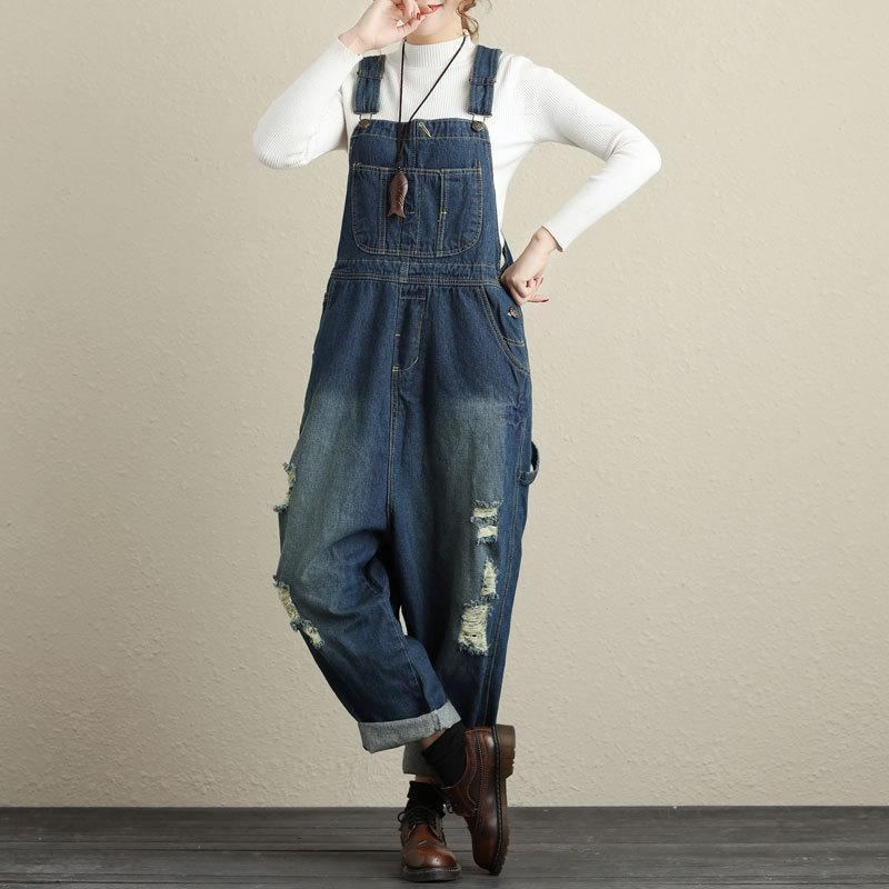 Loose Holes Denim Jumpsuits För Kvinnor