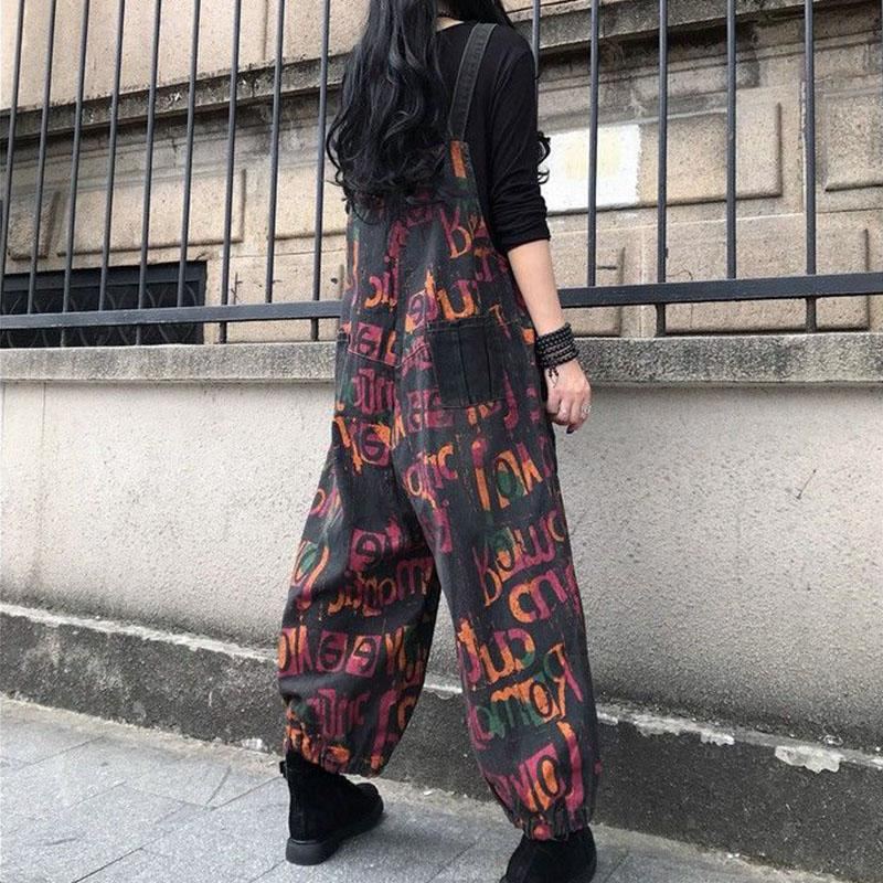 Retro Loose Letters-tryckt Jumpsuit I Bomull