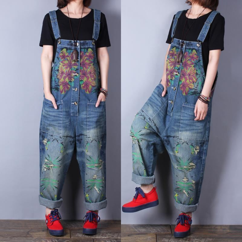 Retrotryck Lös Denim Spring Summer Hole Jumpsuit