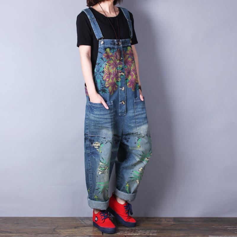 Retrotryck Lös Denim Spring Summer Hole Jumpsuit