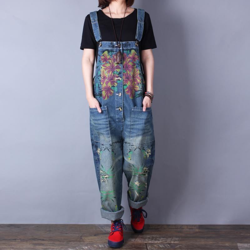 Retrotryck Lös Denim Spring Summer Hole Jumpsuit