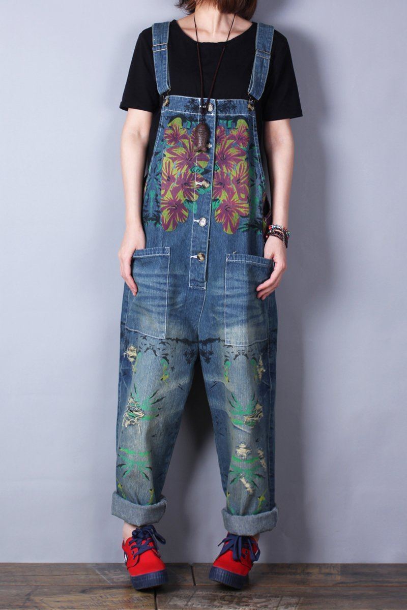 Retrotryck Lös Denim Spring Summer Hole Jumpsuit