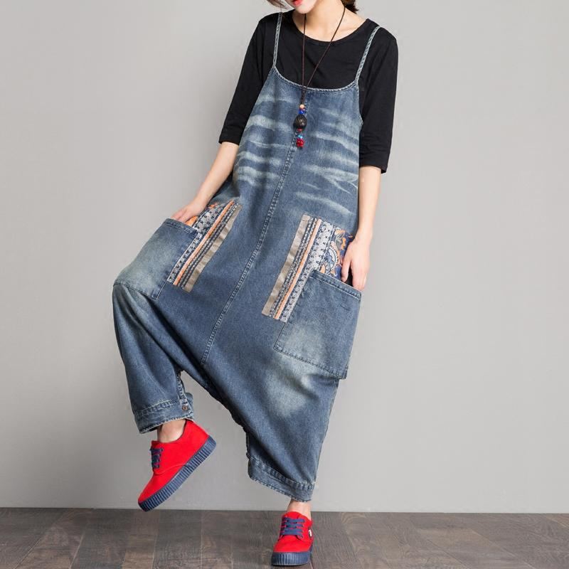 Spring Denim Haklapp Lös Grenrem Jumpsuit