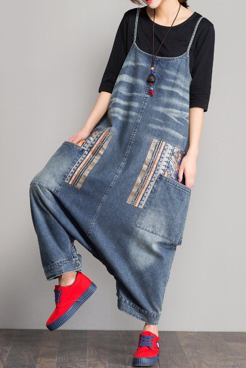 Spring Denim Haklapp Lös Grenrem Jumpsuit