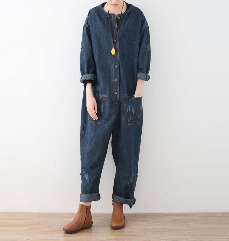 Spring Lös Stor Storlek Långärmad Blå Denim Bomullsverktyg Jumpsuits