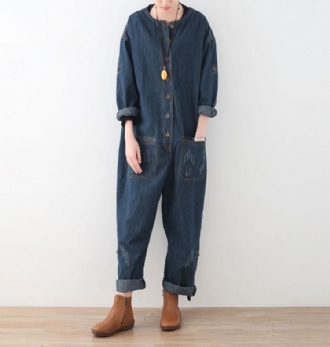 Spring Lös Stor Storlek Långärmad Blå Denim Bomullsverktyg Jumpsuits